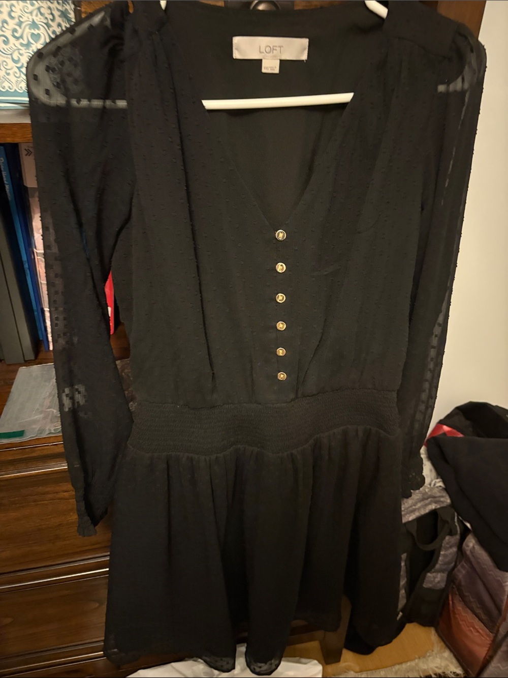 LOFT Black V-Neck Button Smocked Waist Dress